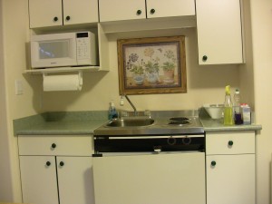 kitchen in sitting room: stove, fridge sink